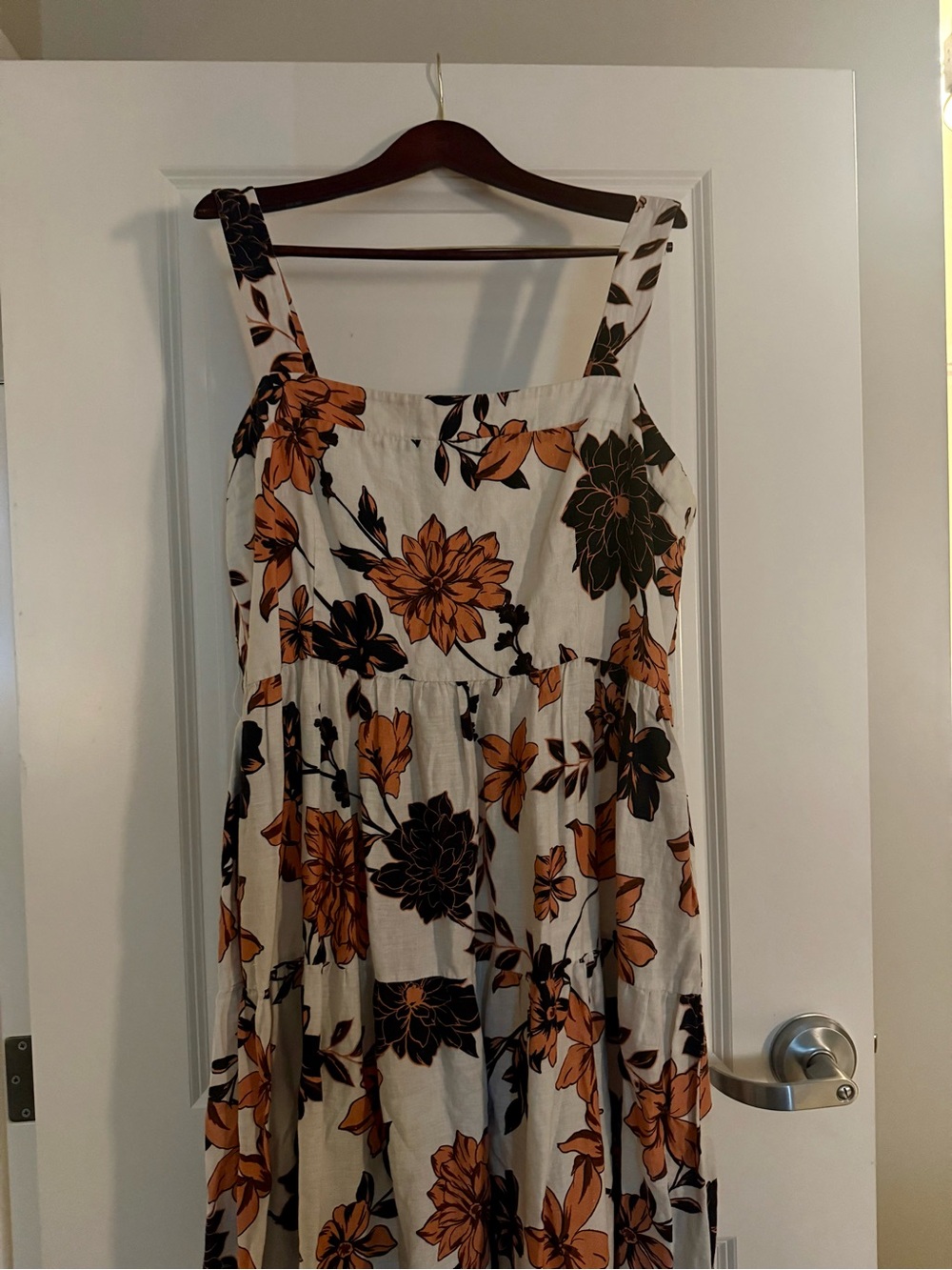 Nicholas Floral Long Tier Maxi Linen Sleeveless Lined Brown White Dress Size 16 - Picture 5 of 12